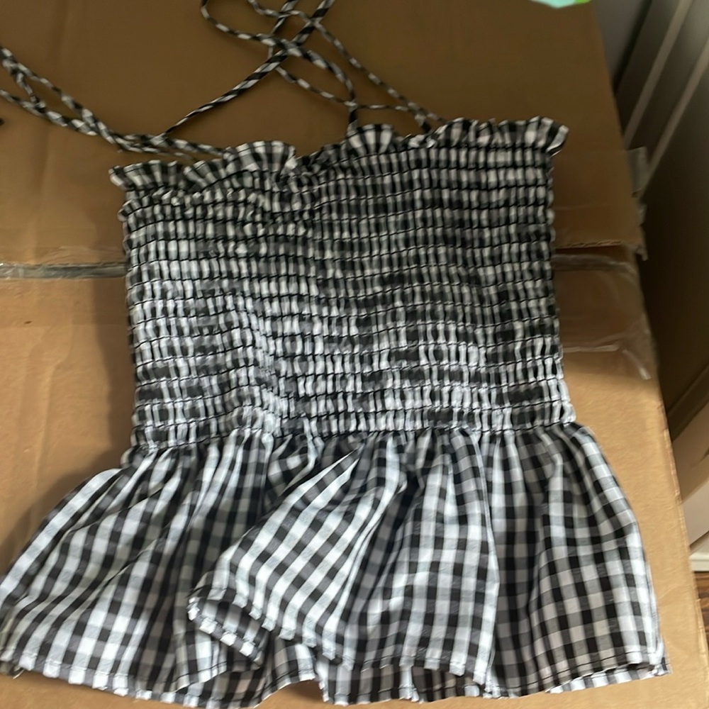 Black and white gingham tie top